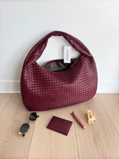 Women's Woven Shoulder Bag with Zip Closure