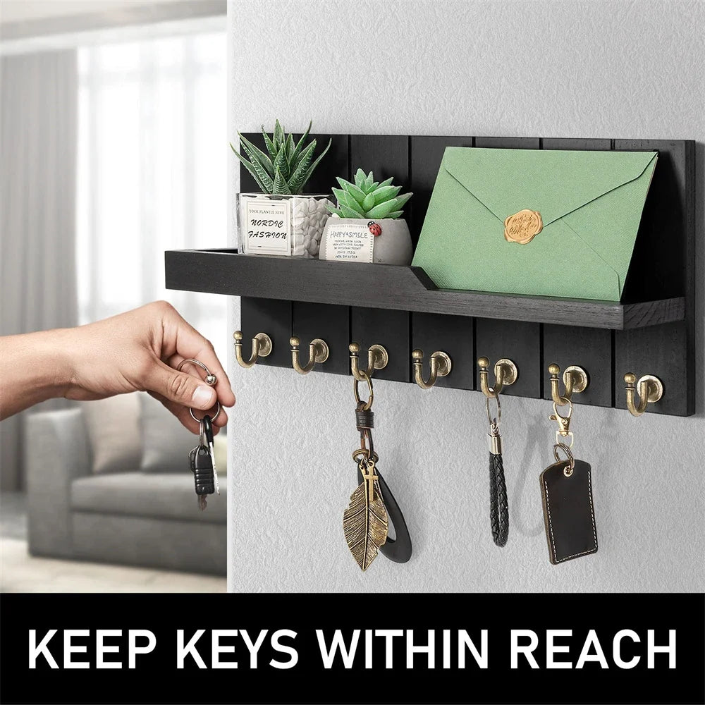 Wooden Key Holder with Shelf - Stylish Wall-Mounted Solution for Keys and Mail