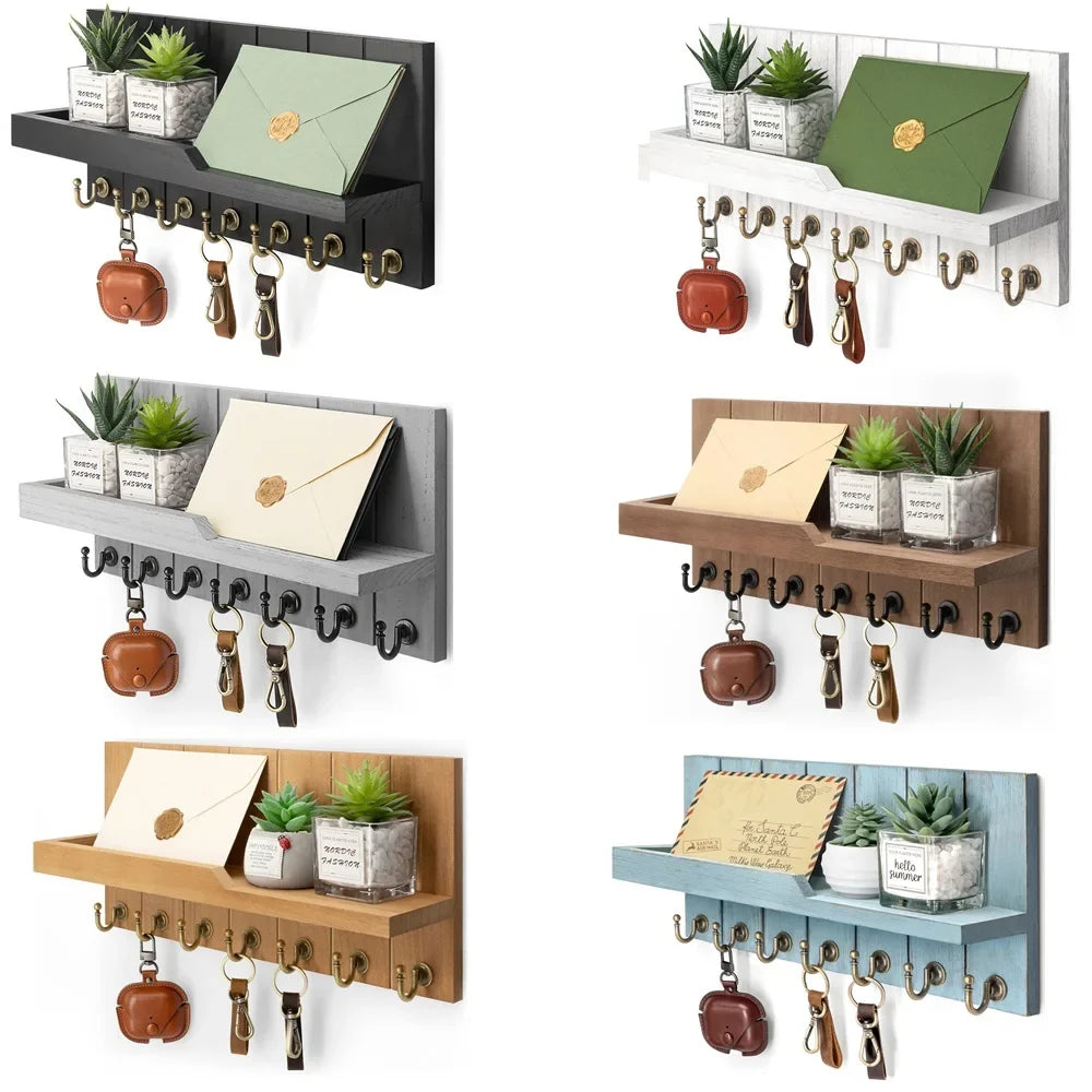 Wooden Key Holder with Shelf - Stylish Wall-Mounted Solution for Keys and Mail