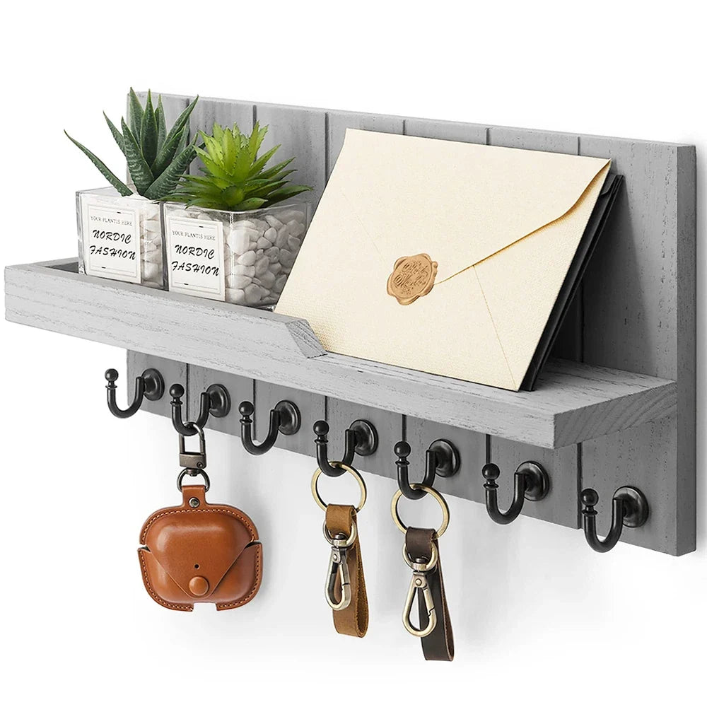 Wooden Key Holder with Shelf - Stylish Wall-Mounted Solution for Keys and Mail