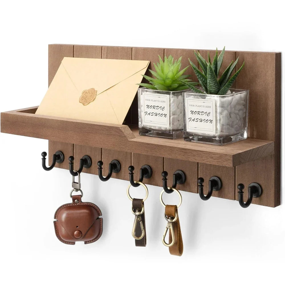 Wooden Key Holder with Shelf - Stylish Wall-Mounted Solution for Keys and Mail