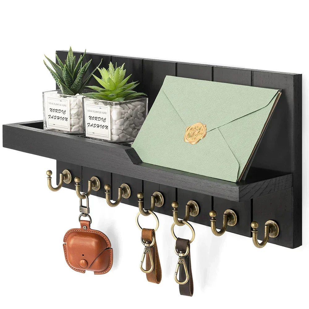 Wooden Key Holder with Shelf - Stylish Wall Organizer for Keys and Mail