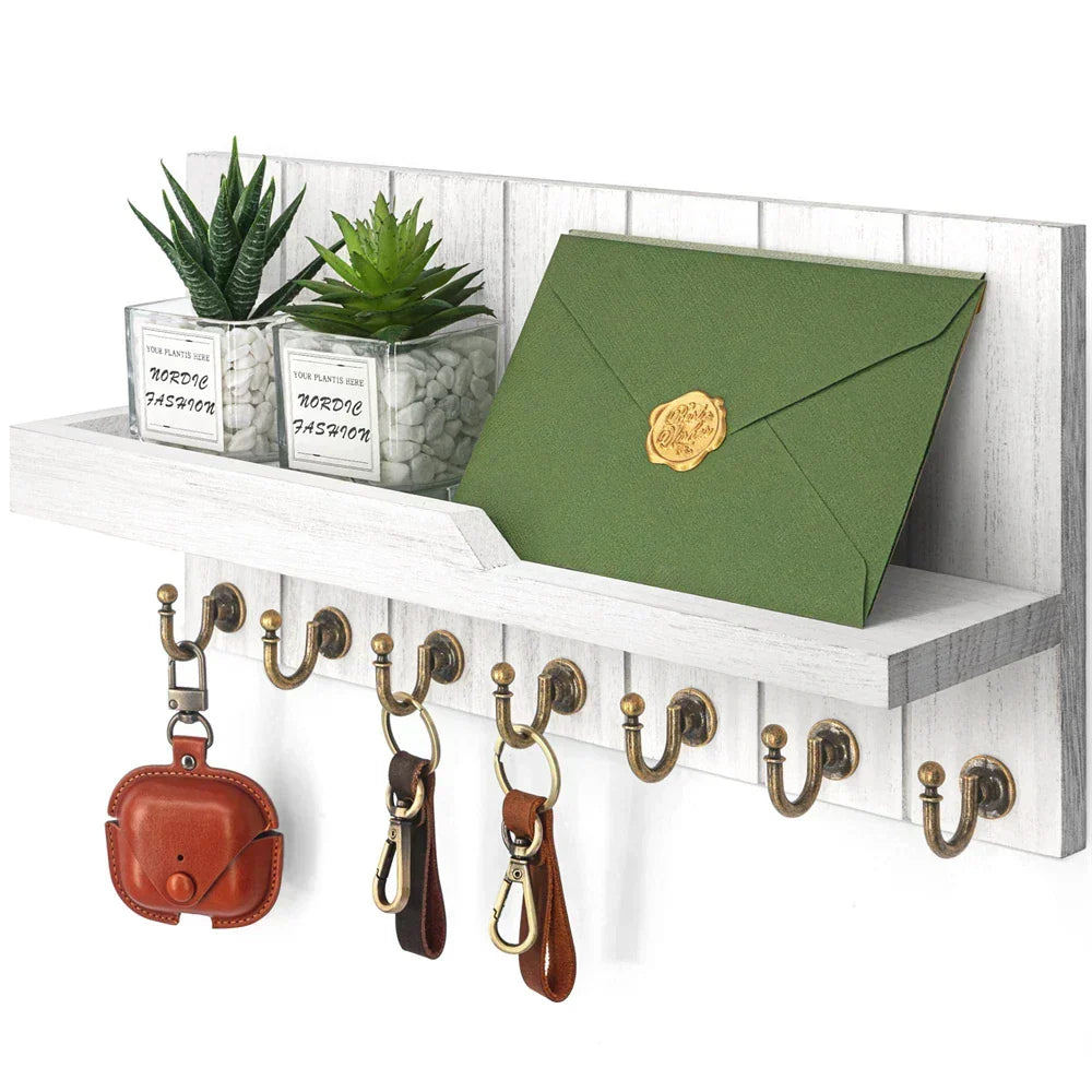 Wooden Key Holder with Shelf - Stylish Wall Organizer for Keys and Mail
