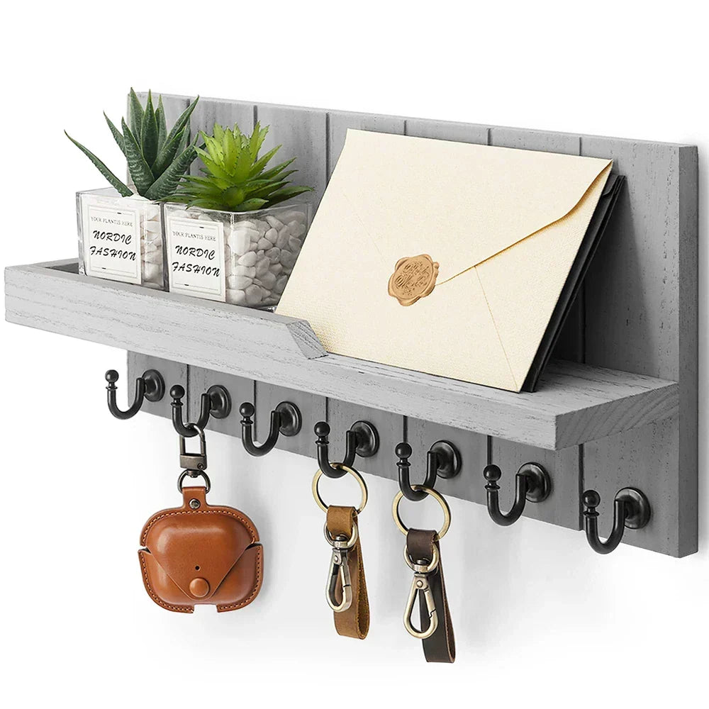 Wooden Key Holder with Shelf - Stylish Wall Organizer for Keys and Mail