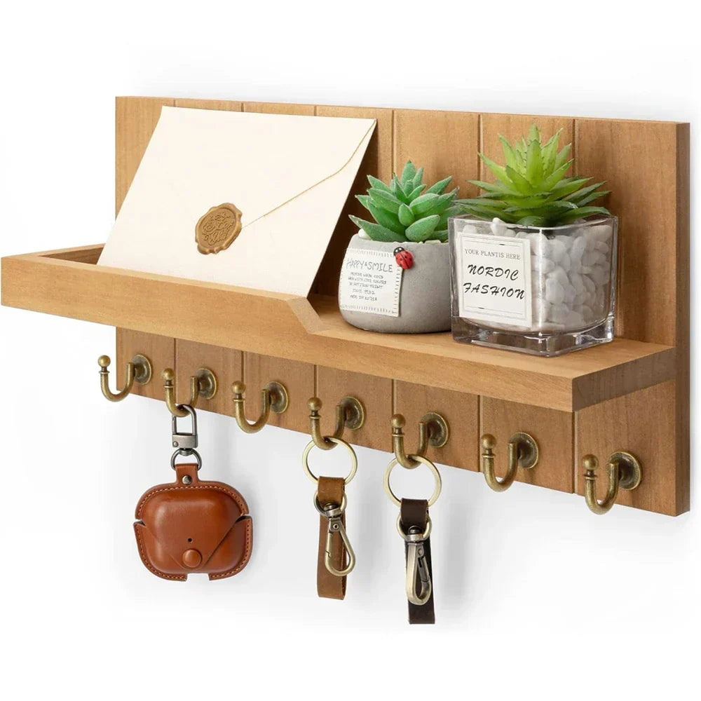 Wooden Key Holder with Shelf - Stylish Wall Organizer for Keys and Mail