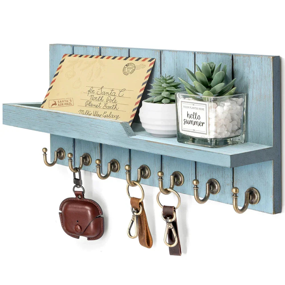 Wooden Key Holder with Shelf - Stylish Wall Organizer for Keys and Mail