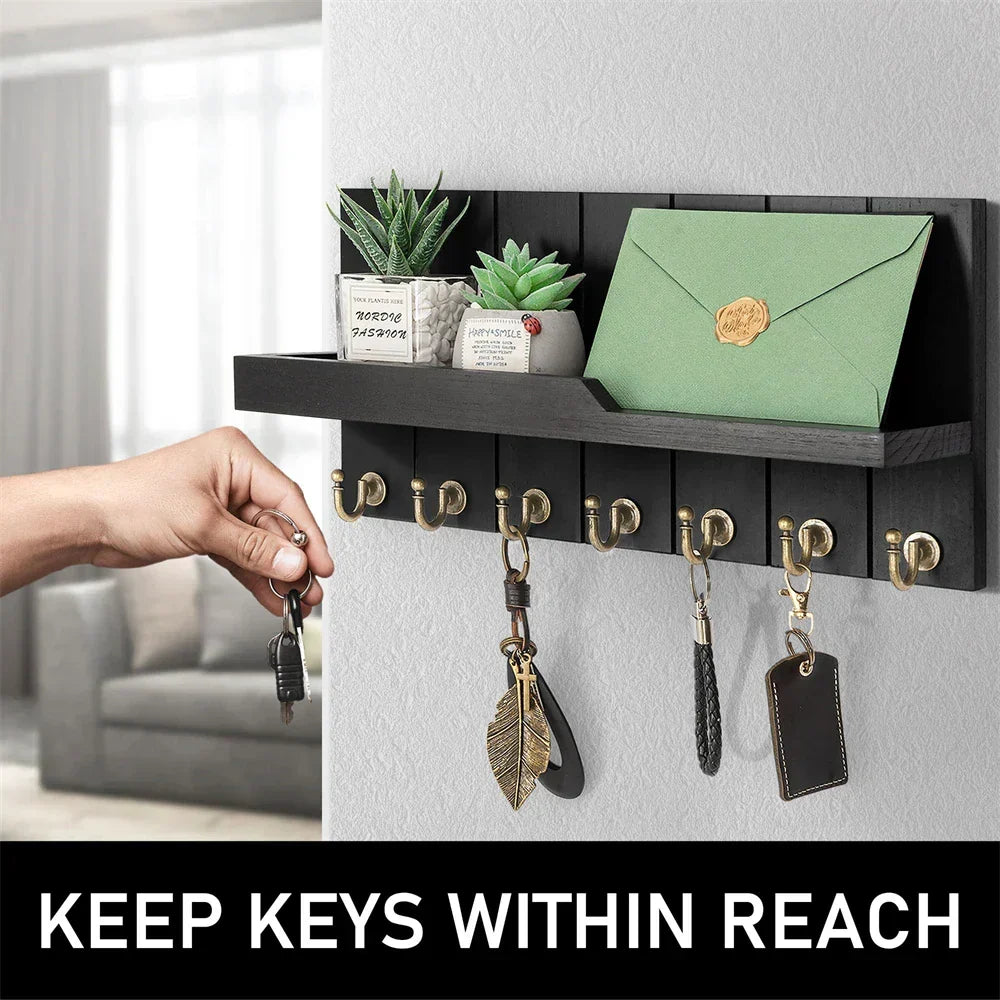Wooden Key Holder with Shelf - Stylish Wall Organizer for Keys and Mail