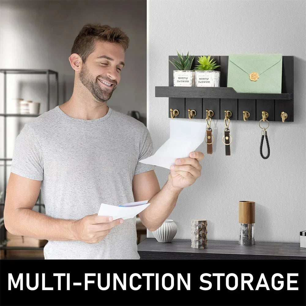 Wooden Key Holder with Shelf - Stylish Wall Organizer for Keys and Mail